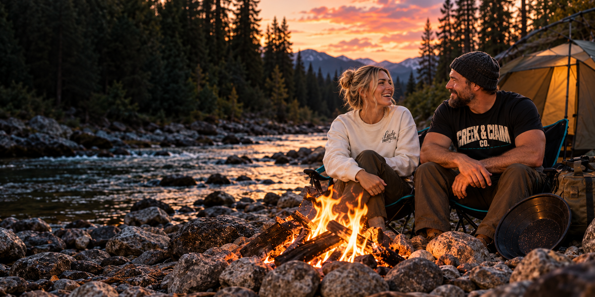 Creek & Claim and Lady Prospector apparel beside a warm creekside campfire